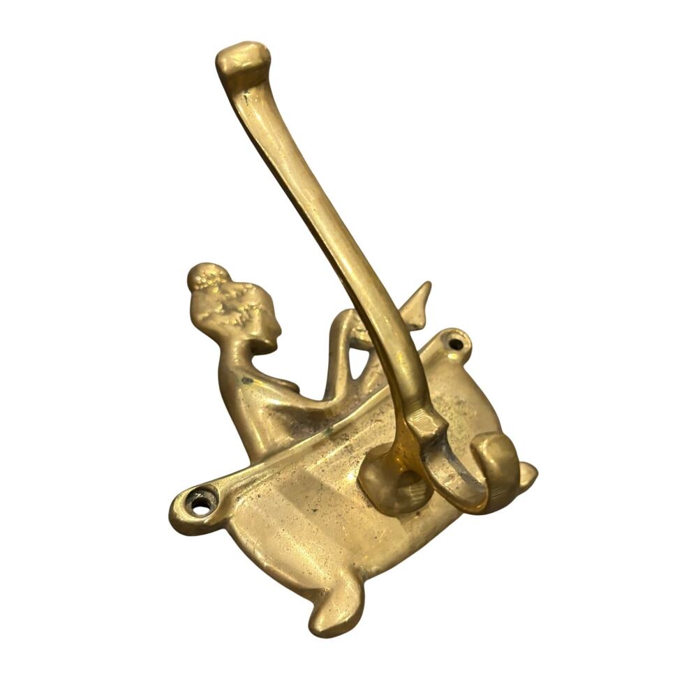 Single Brass Twist Double Hook Porcelain Knob Wall Mount Coat Hook Vtg 6"